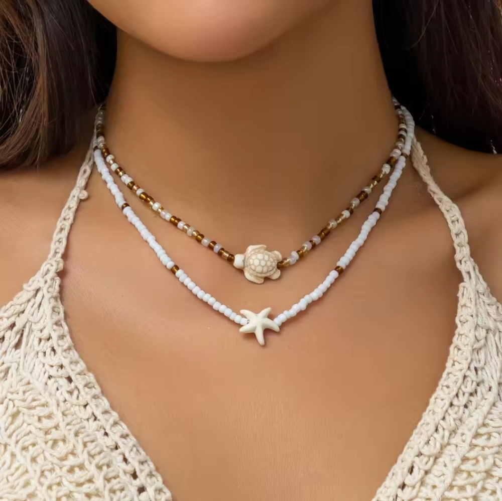 Beaded Starfish & Turtle Necklace Set